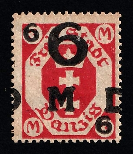 1921 6 on 3m Danzig Gdansk, Germany, Official Stamp, SHIFTED Overprint