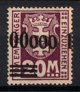 1923 100,00 on 20m Danzig Gdansk, Germany, Postage Due Stamp, Strongly SHIFTED Overprint