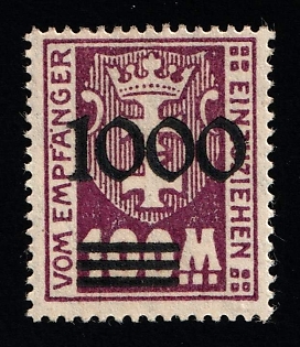 1923 1000 on 100m Danzig Gdansk, Germany, Postage Due Stamp, Unissued, Signed