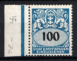 1923 100pf Danzig Gdansk, Germany, Postage Due Stamp, Margin, Blue Control Line