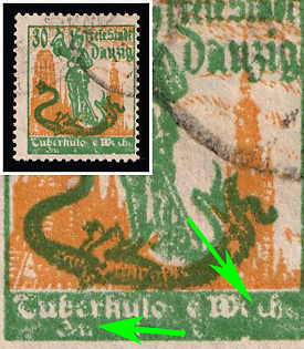 1921 30+30pf Danzig Gdansk, Germany, PARTIAL Impression