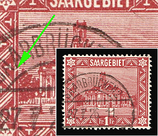 1922 1fr Saar, Germany, The Left Inner Frame is Divided by a White Triangle