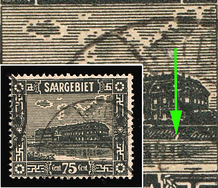 1922 75c Saar, Germany, Stain on the Right Side of the Pier Wall