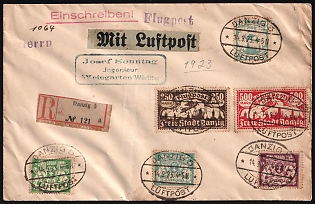 1923 (14 Sep) Danzig Gdansk, Germany, Registered Airmail Cover from Danzig to Berlin, franked with Airmail 25f, 250m and 500m and Circulation Issue 20,000m, 50,000m and 250,000m, with Registered '№121' Label, Grey 'Airmail' Lavel, Violet 'Herrn (Mr.)' Handstamp, Dark Blue 'Josef Sonntag, Engineer, Weingarten' Handstamp, Red 'Transported by Air Mair, Berlin Post Office' Handstamp on the Reverse