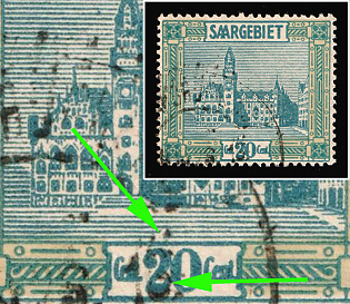 1923 20c Saar, Germany, Mark to the Right of the Number 2, Crack on the Square