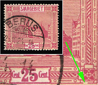 1923 25c Saar, Germany, The Frame is Broken Under the Lower Right Flower