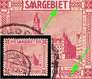 1923 25c Saar, Germany, Dot on the Bottom Line on the Right, Dot Between I and E