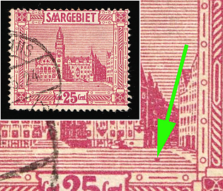 1923 25c Saar, Germany,  Dark Spot on the Stairs on the Right