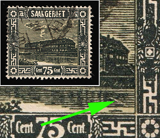1923 75c Saar, Germany, Diagonal Line on the Right in the Yard