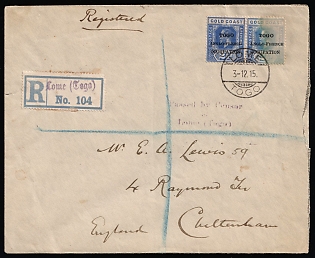 1915 (3 Dec) Togo, British Occupation of German West Africa, Registered Censored Cover from Lome to Cheltenham (England) franked with pair of 2.5d
