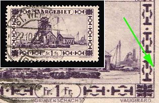 1926 1fr Saar, Germany, The Frame on the Right is Broken