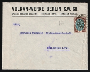 1919 (1 Sep) 'Brewery Machinery Construction Plant Vulkan-Werke Berlin S.W. 68.', Weimar Republic, Germany, Commercial Advertising Cover from Berlin to Joint Stock Company 'Wikbold Brewery' Konigsberg (former city in East Prussia, now modern-day Kaliningrad, Russia), franked with 15pf, with Advertising of First-class products in all brewery machinery and equipment on the back side