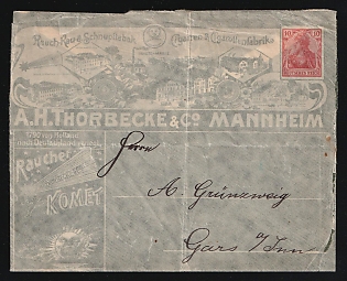 'A.H. Thorbecke & Co - Factory of smoking, chewing and snuff tobacco, cigars and cigarettes', German Empire, Germany, 10pf Postal Stationery Advertising Cover from Mannheim to Gars am Inn