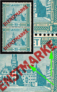 1923/24 20c Saar, Germany, Official Stamps, Pair, A Stripe on MA and a Spot on E in Overprint