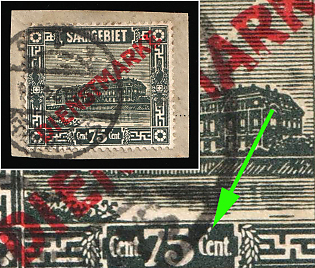 1923/24 75c on piece, Saar, Germany, Official Stamps, Dot Above the Letter 'C' in 'Cent' on the Right