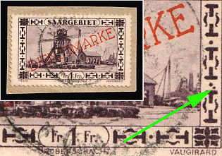 1927/30 1fr on piece, Saar, Germany, Official Stamps, Dot Above the Ornament in the Lower Right Corner