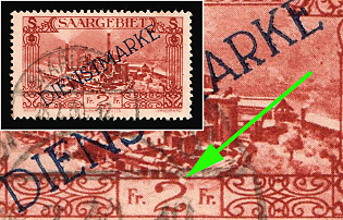 1927/30 2fr, Saar, Germany, Official Stamps, White Spot Above '2'
