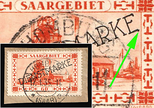 1929/34 60c on piece, Saar, Germany, Official Stamps, Broken Second 'E' in Overprint