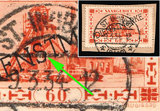 1929/34 60c on piece, Saar, Germany, Official Stamps, 'S' Compressed at the Bottom in Overprint