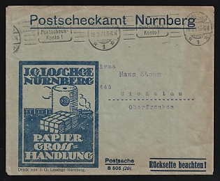 1921 (16 Feb) 'Paper Wholesaler', Weimar Republic, Germany, Commercial Advertising Cover with postal checking account from Nuremberg Postscheckamt to Michelau in Oberfranken, with Advertising for wholesale paper in front side