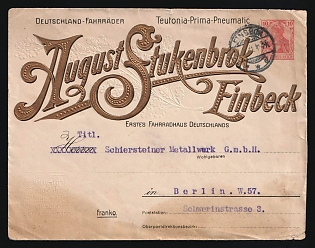 1911 (1 Mar) 'August Stukenbrok Einbeck - Germany's first bicycle shop', German Empire, Germany, 10pf Postal Stationery Commercial Advertising Cover with Embossed Inscription from Einbeck to Berlin, with Advertising for Germany's oldest and largest bicycle and sporting goods specialist store