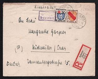 1946 (7 Feb) French Zone of Occupation, Germany, Recommended, Registered Cover from Spiesen (Saar, Germany) to Dudweiler (Saar, Germany), franked with 8pf, 24pf, with violet Handstamp 'Fee paid'