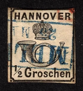 1860 1/2gr Hannover, German States, Germany, Blue and Red Postmarks, Signed