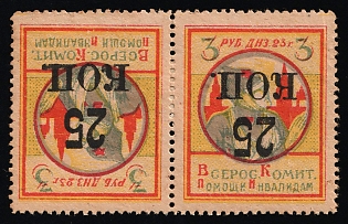 Inverted Rare 25 kop. overprint on tete-beche 3r All-Russian Committee for Assistance to Disabled People, Soviet Russia Cinderella in Favor of Soldiers