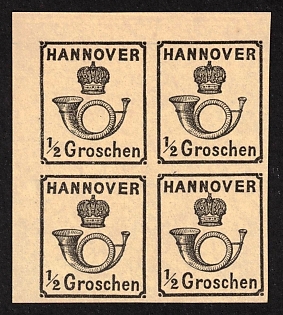 1860 1/2gr Hannover, German States, Germany, Block of Four, Corner Margins