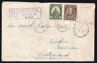 1932 (25 Jun) Canada, Registered Cover from Winnifred (Alberta) to Ziefen (Switzerland) via Medicine Hat, Moose Jaw 'R.P.O.' (Railway Post Offices), Montreal, franked with 2c and 10c