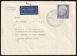 1957 (7 May) German Federal Republic, Germany, 'Art and Pleasure city in Black Forest' Airmail Cover from Donaueschingen to Porto Alegre (Brazil) franked with 2dm, Commemorative Postmark
