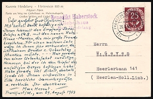 1953 (28 Aug) German Federal Republic, Germany, 'Spa towns Hindelang and Hinterstein' Postcard from Frankfurt to Heerlerbaan franked with 25pf
