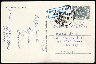 1953 (4 Dec) German Federal Republic, Germany, 'Geislingen' Airmail Postcard from Dusseldorf to Bombay (now Mumbai, India) franked with 50pf