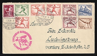 1936 (1 Aug) Third Reich, Germany, Airship 'Hindenburg' Cover from Frankfurt am Main, Rhine-Main Airport to Ludwigsburg, via Berlin central airport, with pink Special Cancellation 'Hindenburg Airship - Olympic flight 1936', with Mixed Multiple franking