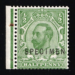 1911 1/2 d Great Britain, Specimen, Type 22, Margin, Green Control Strip