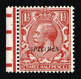 1924 1 1/2  d Great Britain, Specimen, Type 23, Single Stamp from Booklet, Margin, Red Control Strip