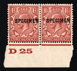 1925 1 1/2  d Great Britain, Specimen, Type 15, Pair, Margin, Red Control Strip 'D 25'