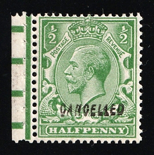 1924 1/2 d Great Britain, Specimen 'Cancelled', Type 33, Single Stamp from Booklet, Margin, Green Control Strip