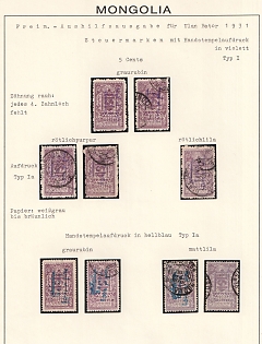 1931 Mongolia, 5 Cents collection of different Types and Colors of stamps and handstamps on exhibitional page, ex Dr. Orth