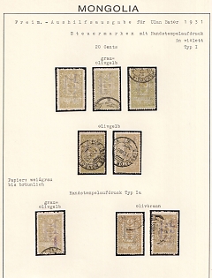 1931 Mongolia, 20 Cents collection of different Types and Colors of stamps and handstamps on exhibitional page, ex Dr. Orth