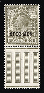 1913 7d Great Britain, Specimen, Margin, Sheet Inscription