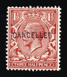 1924 1 1/2d Great Britain, Specimen 'Cancelled', Type 28