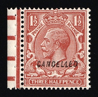 1924 1 1/2d Great Britain, Specimen 'Cancelled', Type 28, Single Stamp from Booklet, Margin, Red-brown Control Strip