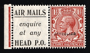 1924 1 1/2d Great Britain, Specimen 'Cancelled', Type 28, Se-tenant, Stamp from Booklet, Margin, Red-brown Control Strip