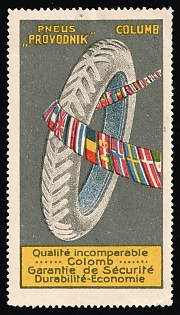 Romanian Provodnik Columb Tires Incomparable Quality Columb Safety Guarantee Durability Economy, Russian Advertisement for Foreign Countries, Russian Empire Cinderella