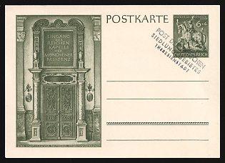 1943 'Entrance to the luxurious chapel of the Munich Residence', Third Reich, Germany, 6pf Postal Stationery Postcard from Theresienstadt Ghetto (Terezin, Czechoslovakia, now Czech Republic), with handstamp 'Theresienstadt Jewish Settlement Post Office' from the front side, and text in red font 'Response only on postcards and letters in German through the Council of Jewish Elders in Prague V, Filip de Monte Street, 18', Judaica