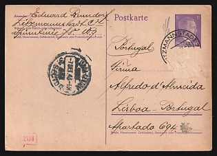 1943 (7 Sep) Third Reich, Germany, 6pf Postal Stationery Censored Postcard from Litzmannstadt Jewish Ghetto (Lodz, Poland) to Lisbon (Portugal), with red rectangular digital Handstamp '2138', One stamp removed by censor in searching for a hidden message, Judaica