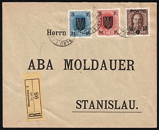 1919 Stanislav, West Ukrainian People's Republic, Ukraine, Registered Cover locally addressed in Stanislav (Ivano-Frankivsk), mixed franked with West Ukrainian People's Republic 15h, 25h and Austria-Hungary Postage Due 50h on 42h, Certificate