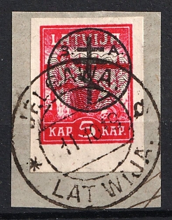 1919 5k West Army on piece, Russia, Civil War, Jelgava Postmark