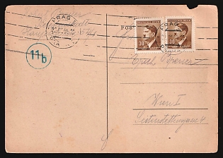1944 (22 Sep) Bohemia and Moravia, Germany, Censored Postcard from Theresienstadt Ghetto (Terezin, Czechoslovakia, now Czech Republic) to Vienna (Austria) via Prague (Czech Republic), franked with 2 x 30h, with Censorship Handstamp blue round with number '11b', Judaica